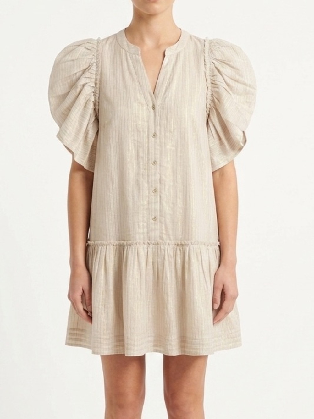 NWOT Antropologie Self Contrast Organic Cotton Stripe Puff Sleeve Dress Size L